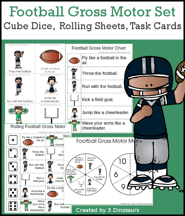 Free Football Theme Gross Motor Dice - 6 fun movements cards to use in a dice or a folding dice for the set with speed dice and you have gross motor task cards and more - 3Dinosaurs.com