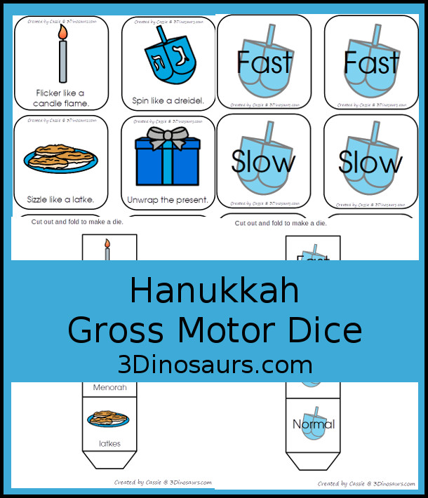 Free Hanukkah Gross Motor Dice - 2 sets of dice for kids to get moving and with Hanukkah Themes - 3Dinosaurs.com