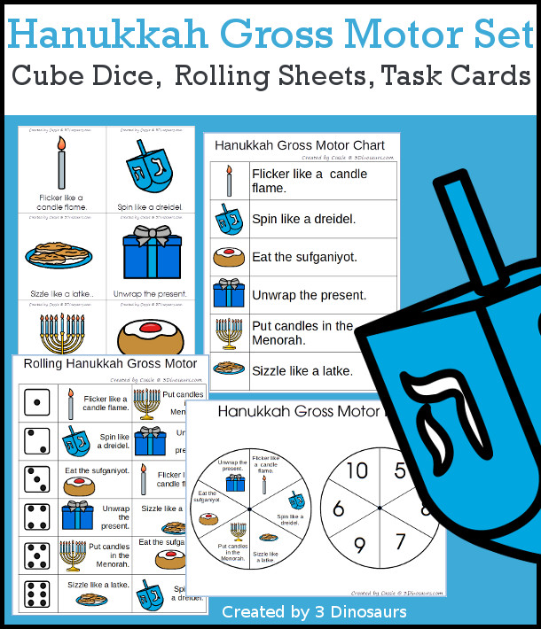 Hanukkah Gross Motor Dice - with dice, rolling dice sheets, and gross motor cards so you can do fun Hanukkah themed movements. These are perfect for brain breaks, screen breaks, and mini gross motor centers - 3Dinosaurs.com