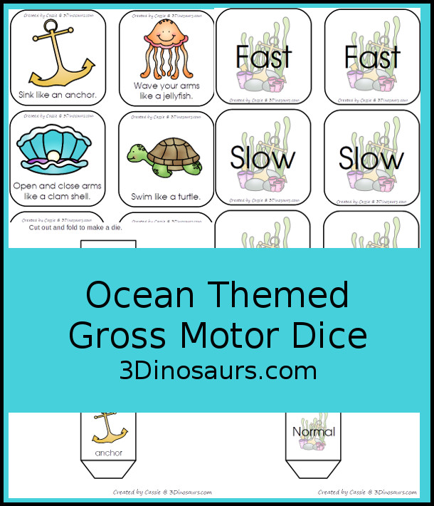 Free Ocean Themed Gross Motor Dice -  6 action movements included with dice and dice inserts - 3Dinosaurs.com #ocean #grossmotor #freeprintable 