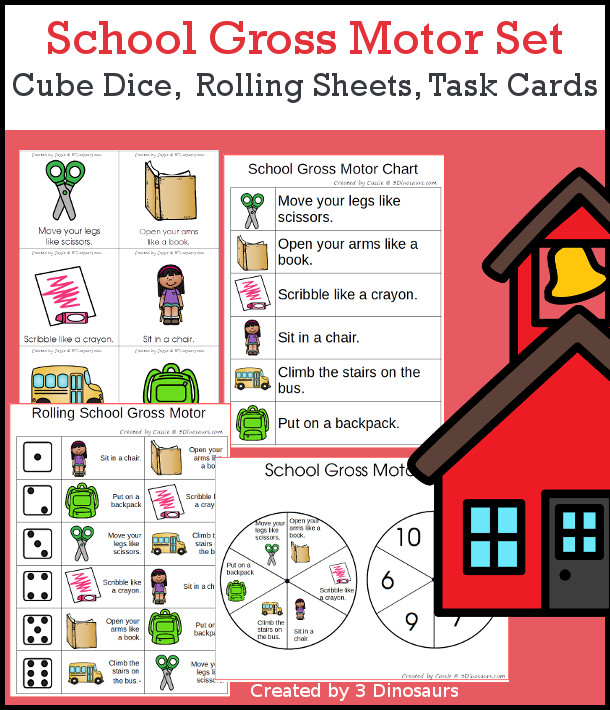 School Gross Motor Dice - with dice, rolling dice sheets, and gross motor cards so you can do fun school themed movements. These are perfect for brain breaks, screen breaks, and mini gross motor centers - 3Dinosaurs.com