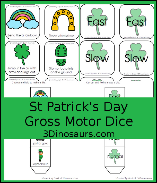 Free St Patrick's Day Gross Motor Dice - a fun dice set with 6 gross motor movements and a speed dice all with a St. Patrick's Day theme - 3Dinosaurs.com