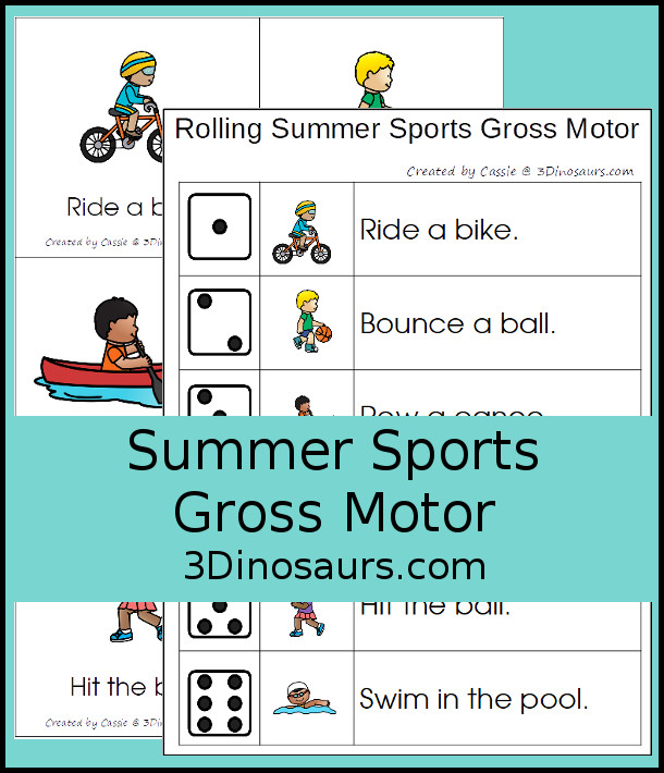 Free Summer Sports Themed Gross Motor Cards - 6 fun movements and a roll and gross motor activity to go with the book Hour of the Olympics - 3Dinosaurs.com #magictreehouse #grossmotor #freeprintable 