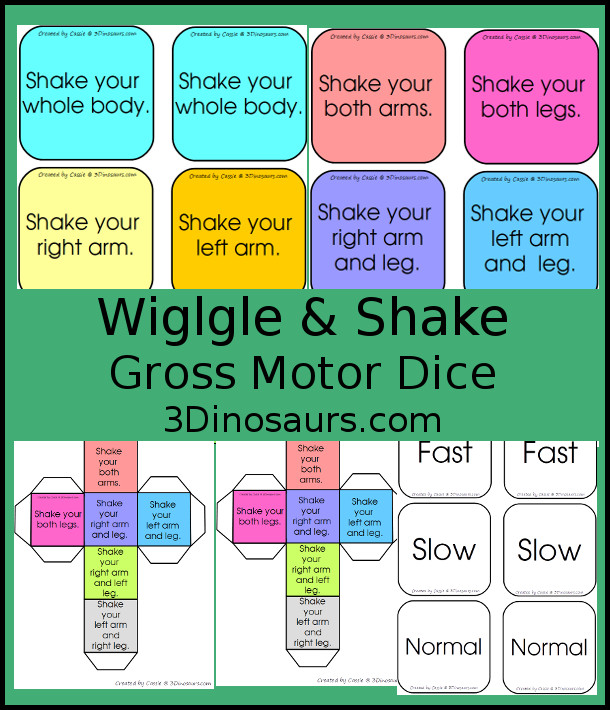 Free Wiggle and Shake  Gross Motor Dice - 12 movement, color, black & white, and speed dice for kids to have fun with - 3Dinosaurs.com #grossmotor #hokiepokie #freeprintable 