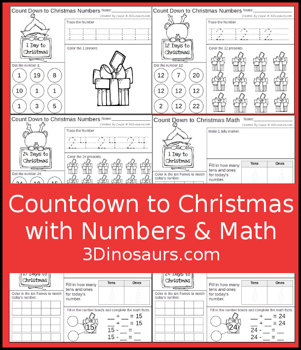 Free Count Down to Christmas with Numbers & Math - 24 pages each for two different levels with math or numbers to have a fun way to countdown to Christmas - 3Dinosaurs.com