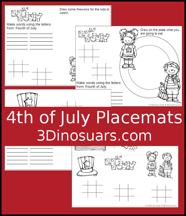 4th of July Placemats - 4 fun placemats for various ages to use - 3Dinosaurs.com