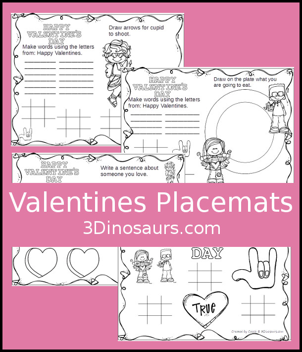 Free Valentines Themed Placemats - 4 different placemats to pick from - 3Dinosaurs.com