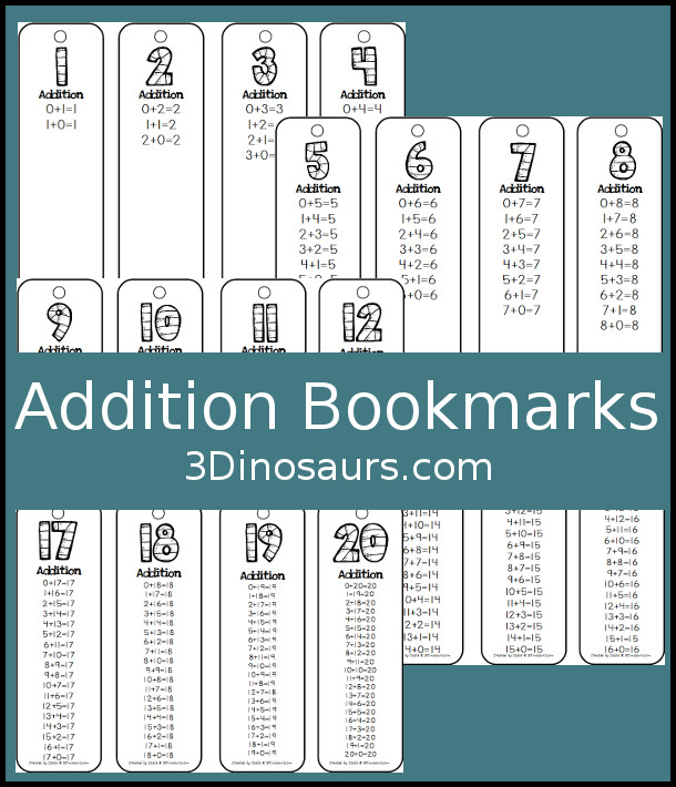 Free Addition Bookmarks - Numbers 1 to 20 - 3Dinosaurs.com