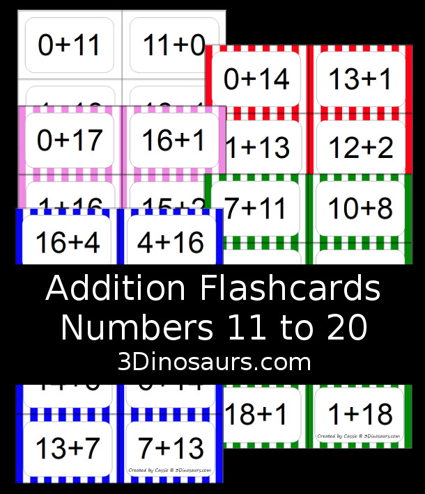 Free Addition Flash Cards 11-20 - five colors of addition cards to pick from with 8 addition flashcards on each page - 3Dinosaurs.com