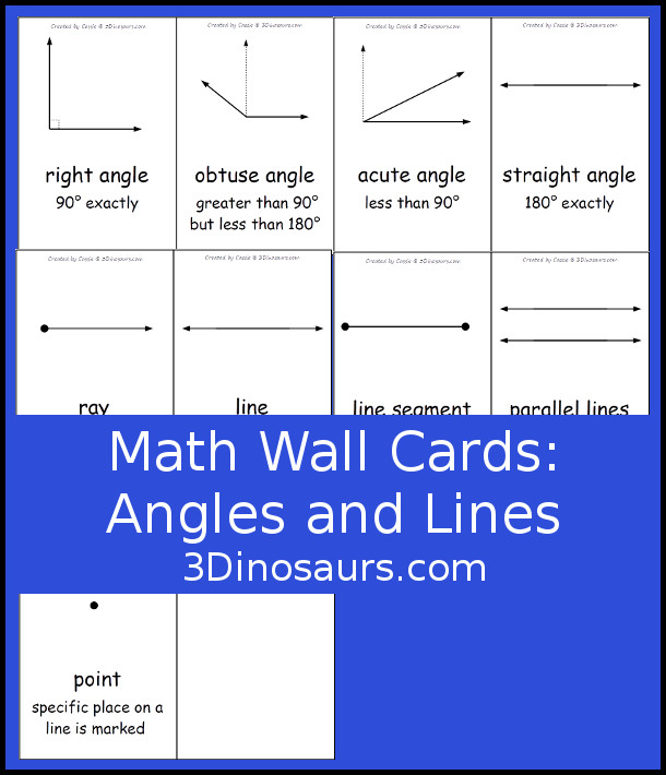 Free Angles & Lines Wall Cards - That work on 9 vocabulary words for kids to know and learn about with picture, term and definition - 3Dinosaurs.com  #3dinosaurs #fourthgrade #fifthgrade #addition #handsonmath #freeprintable