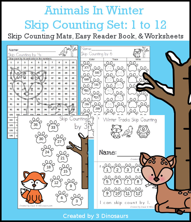 Animals In Winter Skip Counting Sets - Work on skip counting from 1 to 12 with these 12 skip counting mats, worksheets, and easy reader book - 3Dinosaurs.com