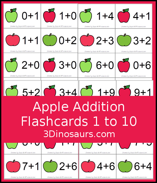 Free Apple Addition Flashcards with addition from 1 to 10 with all the ways to add up to each number - 3Dinosaurs.com