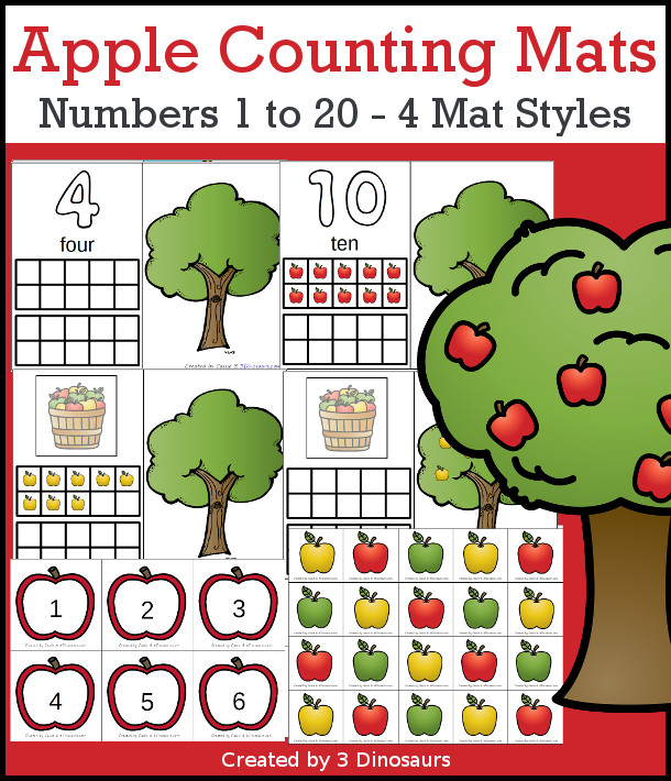 Apple Themed Counting Mats: Number 1 to 20  with four mat options- 3Dinosaurs.com