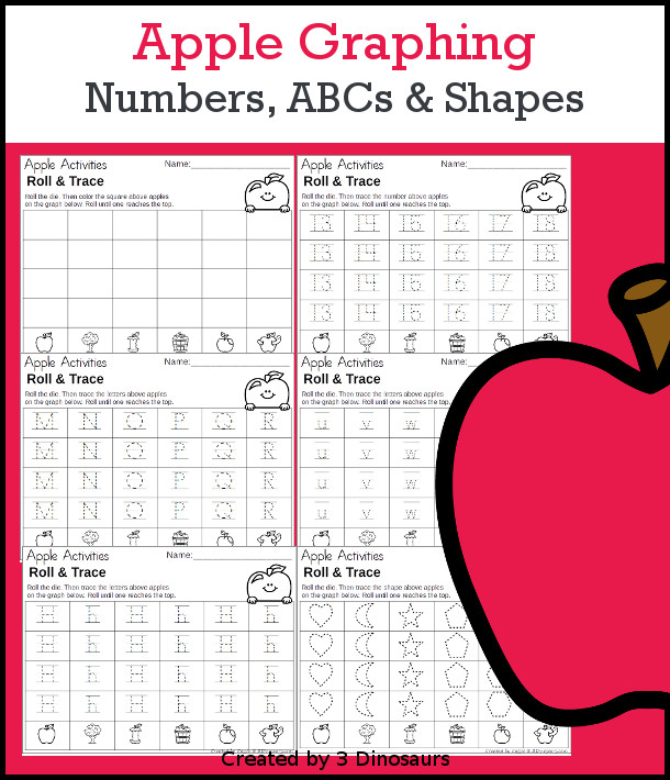 Apple Roll & Graph With Trace Letters, Numbers & Shapes with a folding die and cube die with a graphing sheet, graphing with tracing numbers, graphing with tracing letters and graphing with tracing shapes. All with a fun apple theme for fall for prek and kindergarten - 3Dinosaurs.com