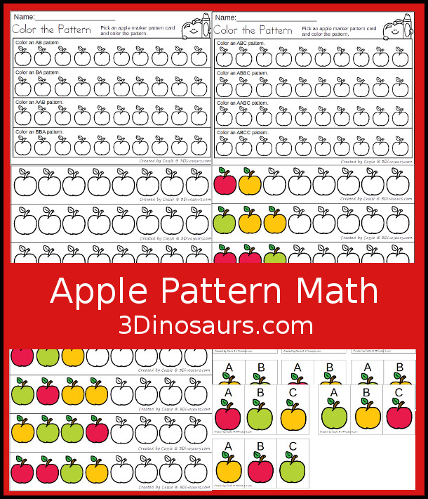 Free Apple Pattern Printable - with AB and ABC patterns with red, yellow, and green apples. A fun math center for kids working on patterns - 3Dinosaurs.com