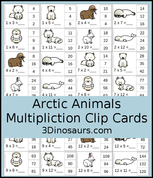 Free Arctic Animals  Multiplication Clip Cards - with multiplication from 1 to 12 for kids to work on clipping the correct answer for the multiplication with 4 cards for each number with 12 pages of printables - 3Dinosaurs.com