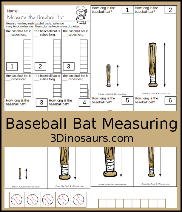 Free Measure the Baseball Bat with 6 measuring bats cards and 1 measuring recording worksheet for kids - 3Dinosaurs.com