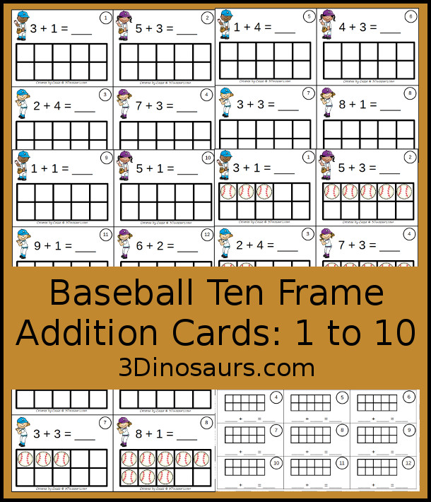 Free Baseball Ten Frame Addition 1 to 10 with part of ten frame filled out and part empty with a recording sheet that can be used the ten frame addition cards - 3Dinosaurs.com