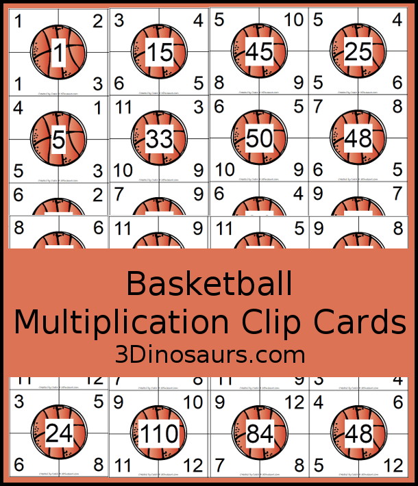 Free Basketball Multiplication Clip Cards with two numbers to clip that multiply to make the number in the middle. A great way to work on two factors for the product number in the middle. Multiplication 1 to 12 - 3Dinosaurs.com