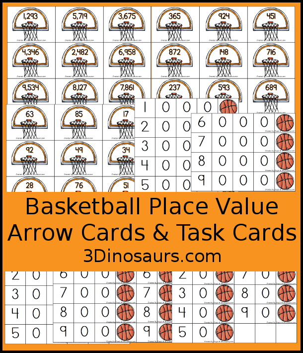 Free Basketball Place Value Arrow Cards - you have place value task cards with basketball place value arrow cards to build the numbers on the task cards. You have place value for thousands, hundreds, and ones. - 3Dinosaurs.com