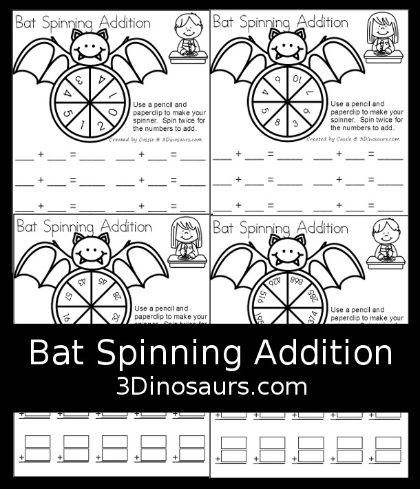 Free Bat Spinning Addition- Easy No-Prep Printable - 3 levels of addition with single digit, double digit and triple digit for kids to work on addition with and without regrouping - 3Dinosaurs.com - 3Dinosaurs.com