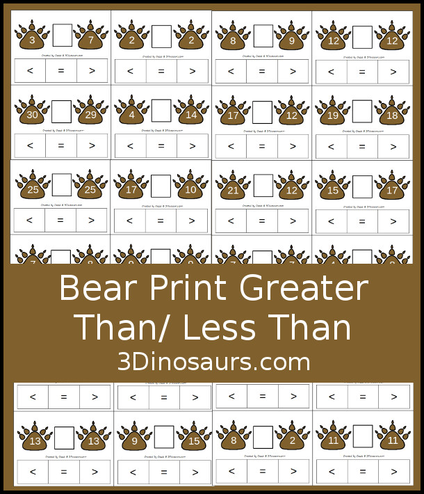 Free Bear Print Greater Than and Less Than Printable -with 28 greater than and less than cards for kids to work on comparing numbers with hands-on building number cards- 3Dinosaurs.com