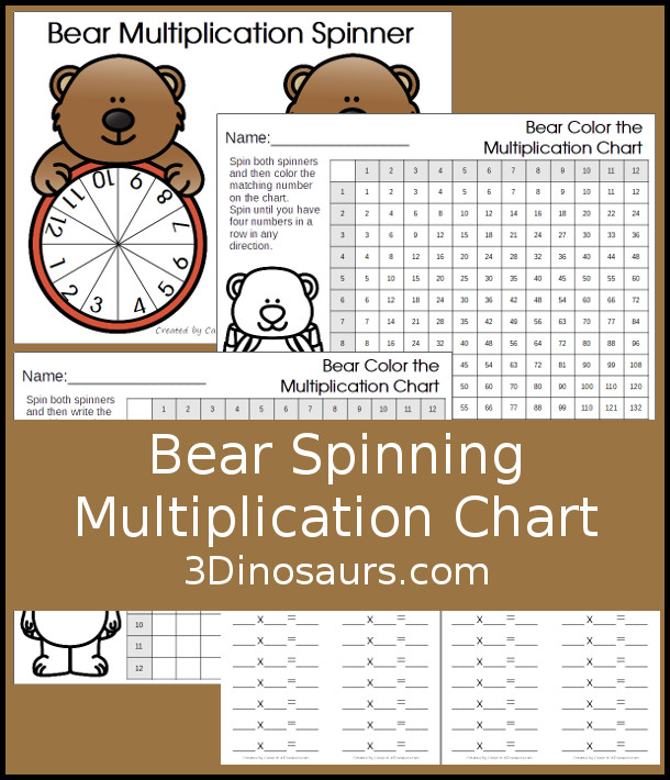 Free Bear Multiplication Chart Printable - with bear spinners with numbers 1 to 12, coloring multiplication chart, and writing multiplication Chart and recording sheet to work on multiplication from 1 to 12 in a fun multiplication center - 3Dinosaurs.com