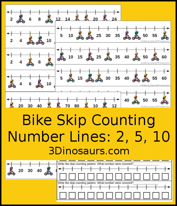 Free Bike Skip Counting Number Line Printables - skip counting number line strips with 2, 5 and 10 skip counting. With kids on bikes covering some of the numbers. With four skip counting strips for each number and a matching worksheet to record the numbers.- 3Dinosaurs.com