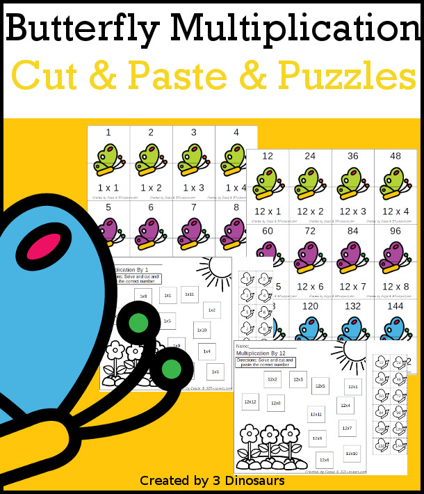 Butterfly Multiplication Cut & Paste & Puzzles Printable Set  - a set of cut paste worksheets with matching the answer to the equation and 12 puzzles for matching the answer to the equation for multiplication 1 to 12.- 3Dinosaurs.com