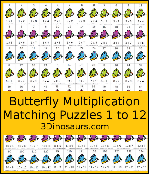 Free Butterfly Multiplication Matching Puzzles - with multiplication for number 1 to 12 - with each number on a single page and has 12 puzzles on each page with 12 pages of printables - 3Dinosaurs.com