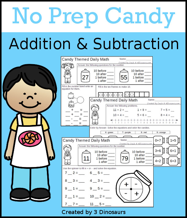 No Prep Candy Themed Addition & Subtraction - 30 pages no-prep printables with a mix of addition and subtraction activities plus a math center activity - 3Dinosaurs.com #noprepmath #tpt #addition #subtraction