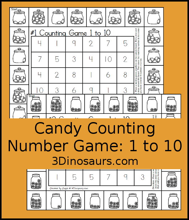 Free Candy Counting Game Numbers 1 to 10 Printables - You have two printable games with candy jars for kids to count the candy and find the matching number in the game to get four in a row.- 3Dinosaurs.com