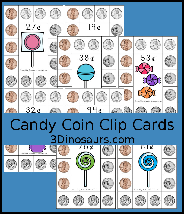 Free Candy Coin Clip Cards - 8 candy and coin clip cards with clipping the cards to match the amount for the candy - 3Dinosaurs.com