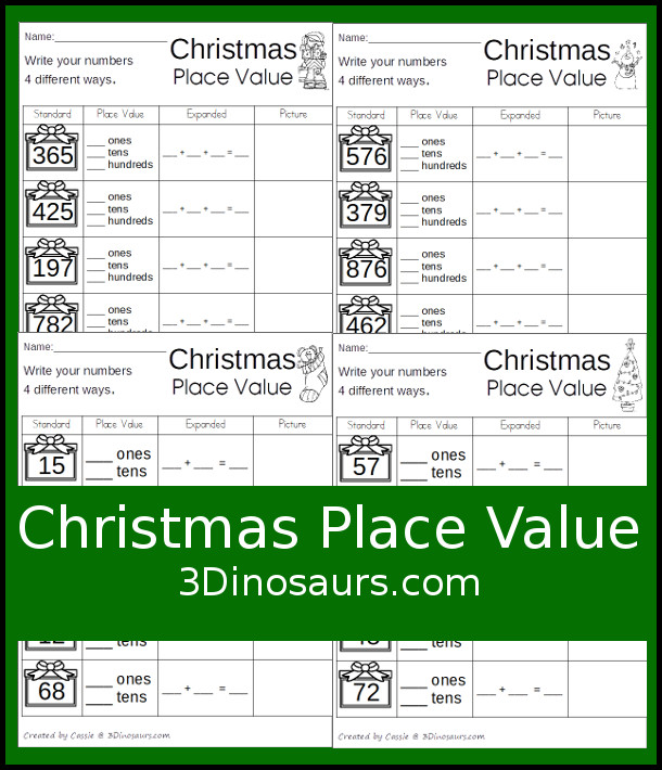 Free No-Prep Christmas Place Value - 4 pages of no-prep printables for kids to work on place value - 3Dinosaurs.com #freeprintable #shapesforkids #christmasprintables