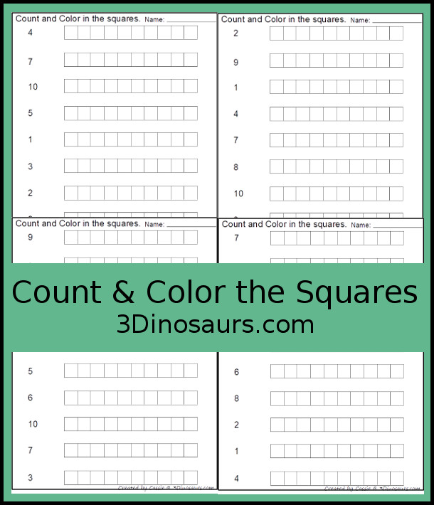 Free Number Count & Color Printables - 6 worksheets working counting from 1 to 10. With kids coloring the squares to match each of the numbers on the worksheet - 3Dinosaurs.com