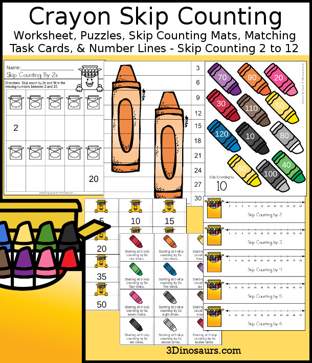 Crayon Skip Counting Set - with no-prep crayon worksheets, crayon skip counting mats, crayon skip counting 10 piece puzzles, and crayon task cards to work on skip counting from 2 to 12 - 3Dinosaurs.com