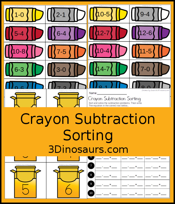 Free Crayon Subtraction Sorting - with crayon boxes and crayons to sort with subtraction problems. It also includes a recording sheet  - 3Dinosaurs.com