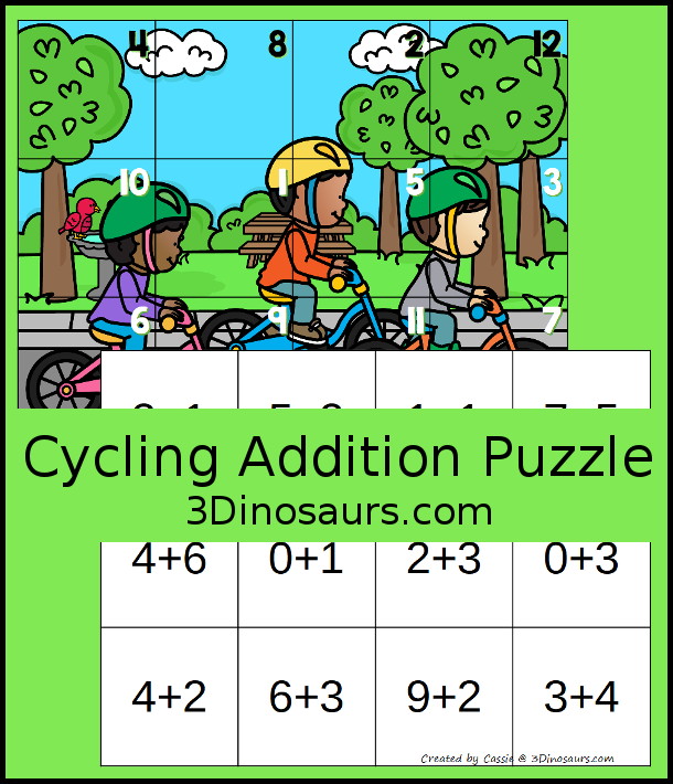 Free Cycling Themed Addition Puzzle - with addition from 1 to 12 with a hands-on matching puzzles with a bike riding scene. - 3Dinosaurs.com #3dinosaurs #handsonmath #freeprintable #addtion #firstgrade #kindergarten