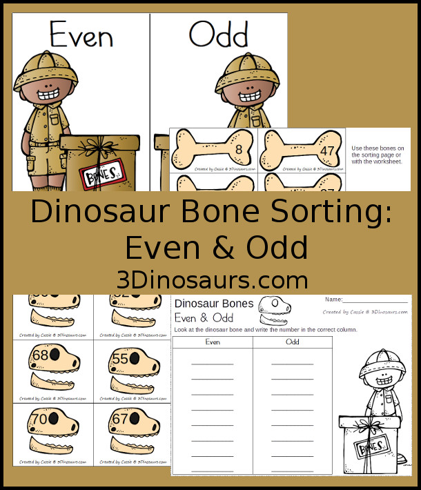 Free Hands-On Dinosaur Bones Sorting: Even and Odd - 16 cards with recording sheet and sorting mat - 3Dinosaurs.com