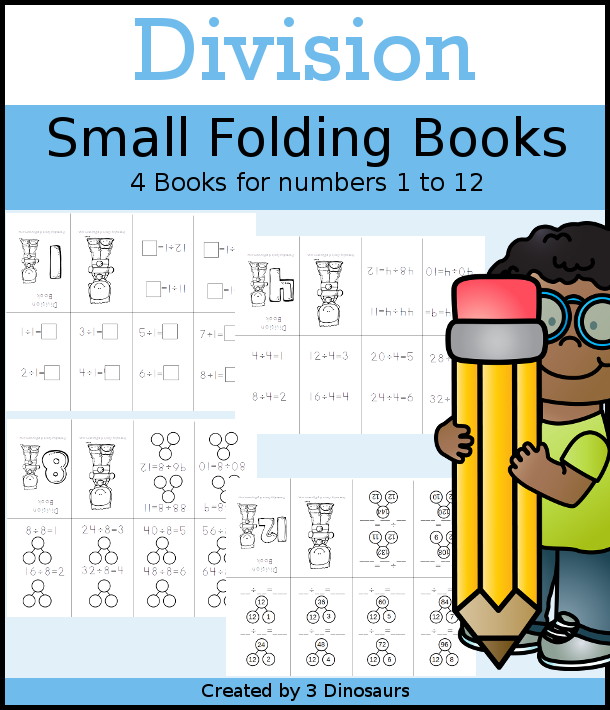 Division Small Books - 4 different types of book options with filled in, missing number and number bonds $ - 3Dinosaurs.com