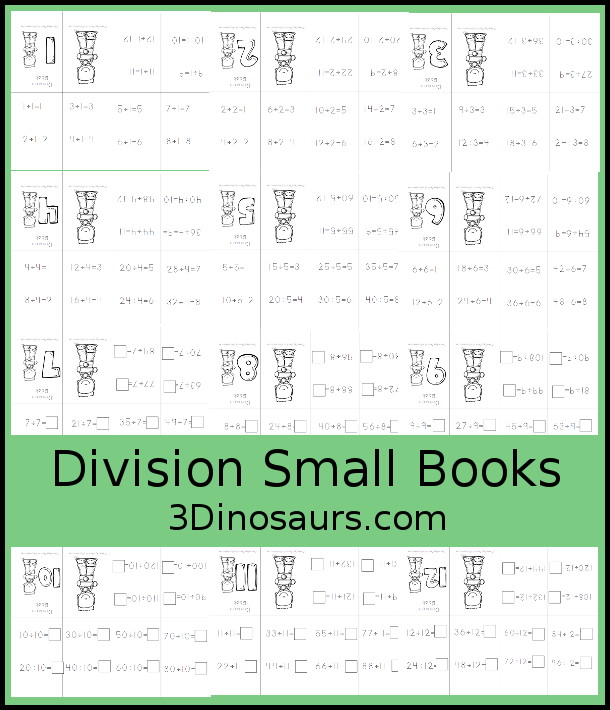 Free Division Small Folding Books  2 different types of book options with division from 1 to 12 with write in answers and filled out books - 3Dinosaurs.com