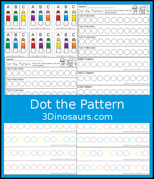 Free Dot the Pattern Printables - a fun pattern set with a mix of hands-on and no-prep pages for working on ABC and AB patterns for kids in preschool and kindergarten - 3Dinosaurs.com  #3dinosaurs #preschool #kindergarten #patternsforkids #freeprintable