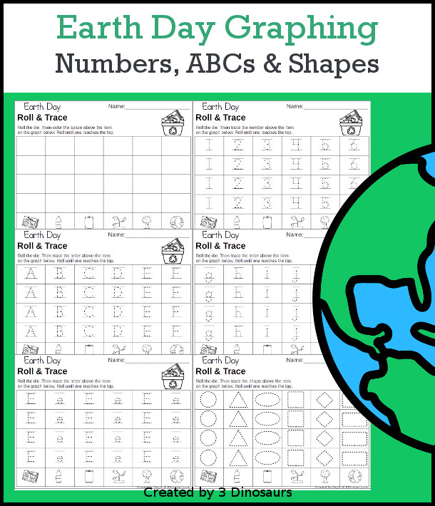 Earth Day Roll & Graph With Trace Letters, Numbers & Shapes with a folding die and cube die with a graphing sheet, graphing with tracing numbers, graphing with tracing letters and graphing with tracing shapes. All with a fun Earth Day theme for Earth Day for prek and kindergarten - 3Dinosaurs.com