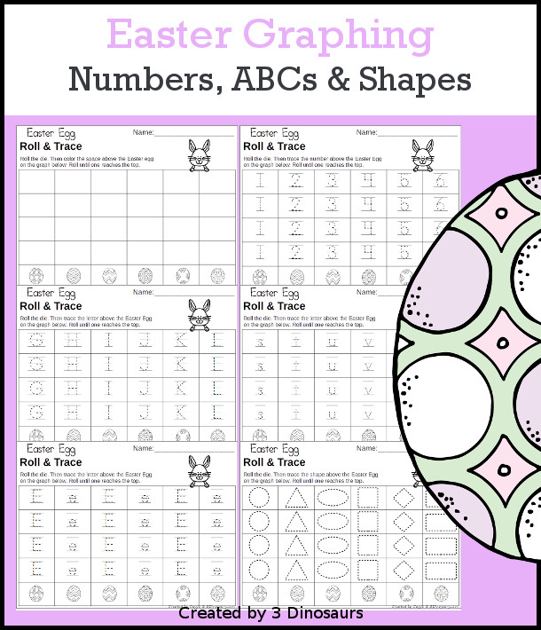 Easter Roll & Graph With Trace Letters, Numbers & Shapes with a folding die and cube die with a graphing sheet, graphing with tracing numbers, graphing with tracing letters and graphing with tracing shapes. All with a fun Easter Egg theme for Easter for prek and kindergarten - 3Dinosaurs.com