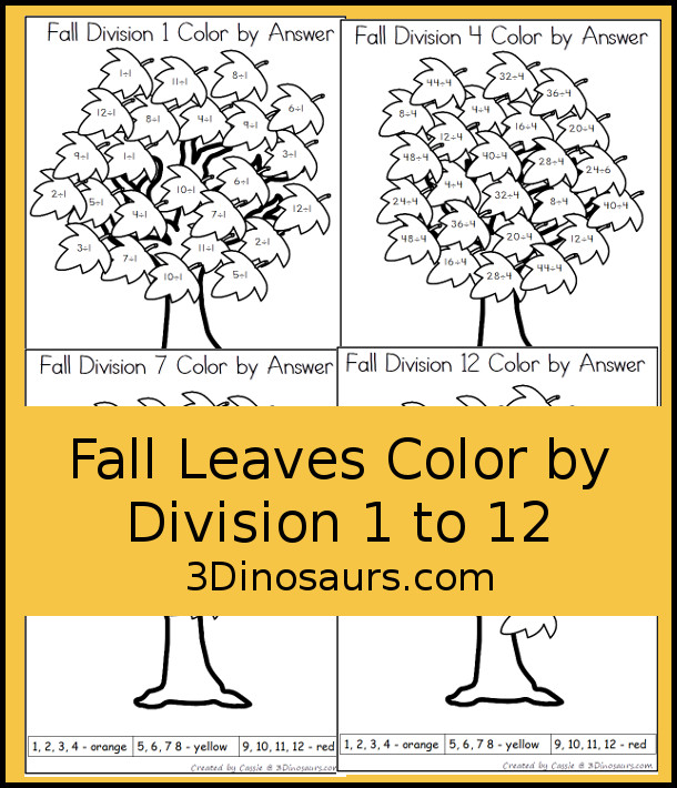 Free Fall Leaves Color by Division - no-prep printable to work on division 1 to 12 - 3Dinosaurs.com