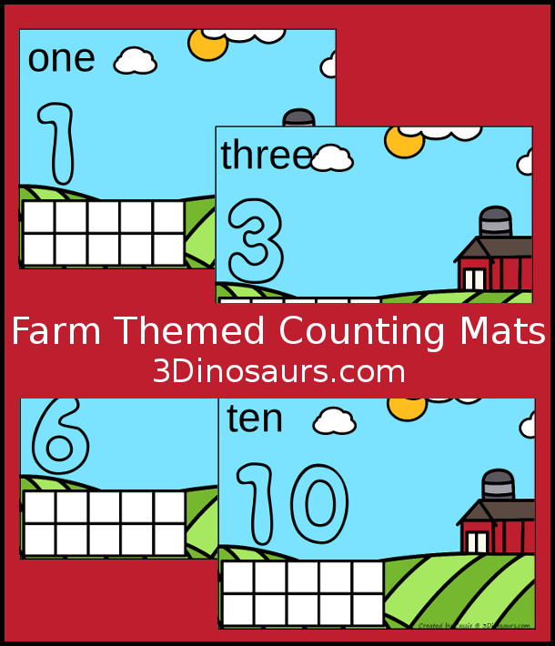 Free Farm Counting Mats: 1 to 10 - hands-on math with playdough number and ten frames - 3Dinosaurs.com