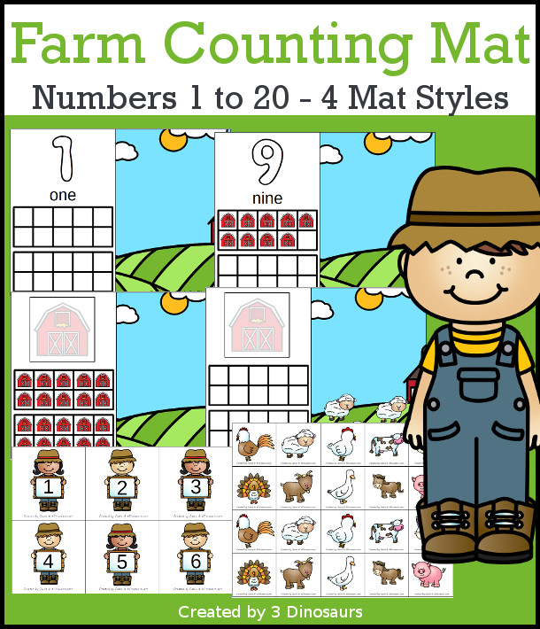 Farm Counting Mats: 1 to 20 - hands-on math with playdough number and ten frames with 4 mat options - 3Dinosaurs.com