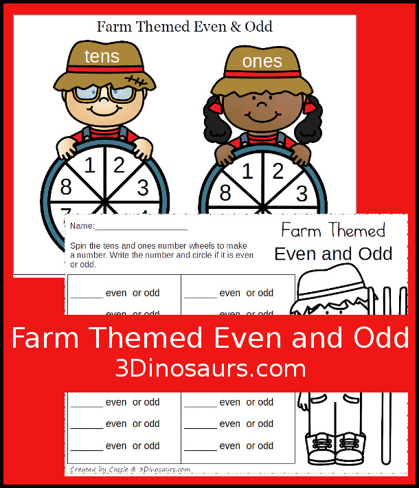 Free Farm Themed Even and Odd Spinning Printable - 2 pages of printables that work great for a math center - 3Dinosaurs.com #evenodd #mathforkids #secondgrade #freeprintable