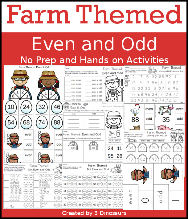 Even and Odd Farm Mat Set - with 37 pages of activities with no-prep worksheets, puzzles and hands-on learning of even and odd numbers. - 3Dinosaurs.com