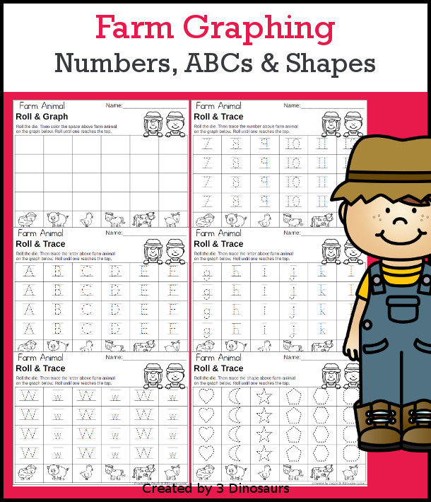 Farm Graphing Set - with graphing, tracing numbers, tracing letters, tracing shapes for kids with a farm animal theme with 45 pages of printable worksheets and dice - 3Dinosaurs.com